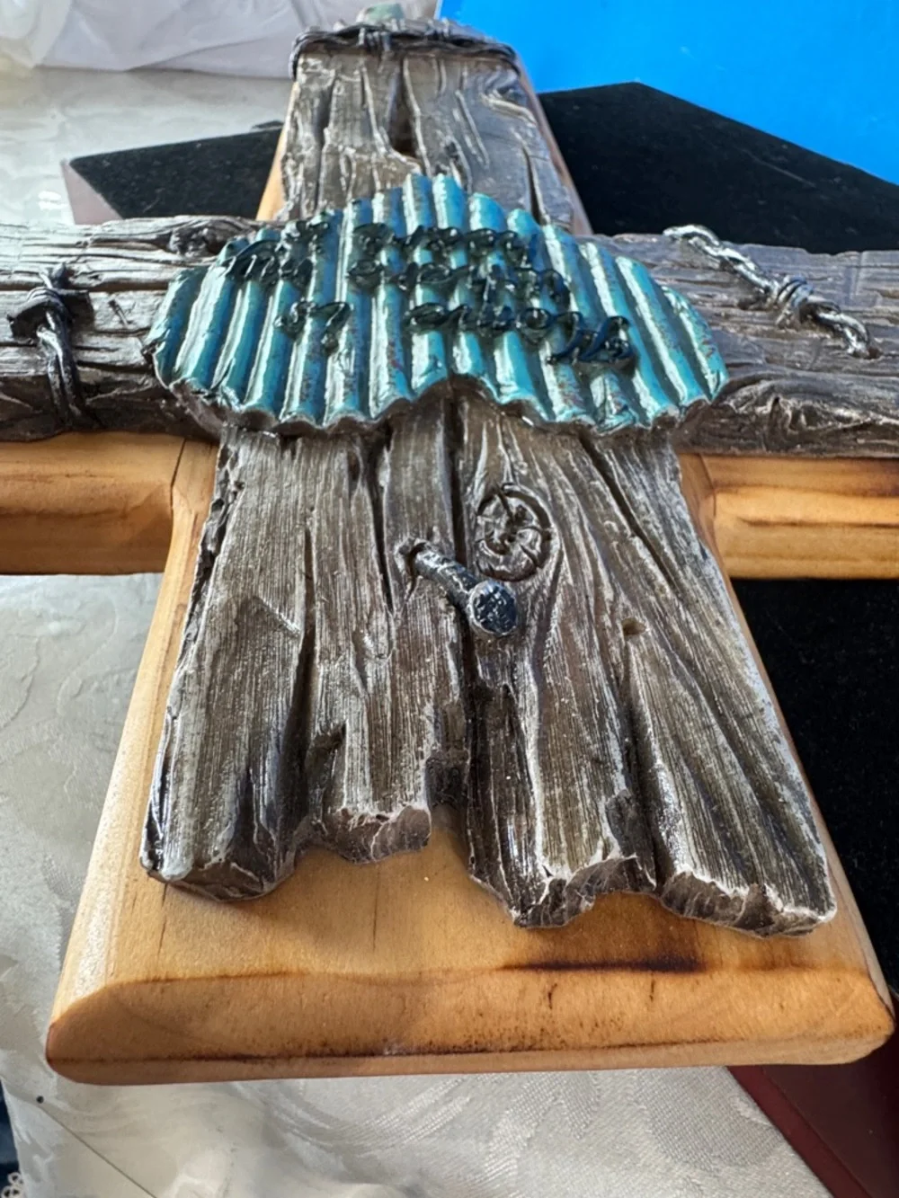 Rustic Wooden Cross Wall Decor with Teal Heart” Home is where my heart is”